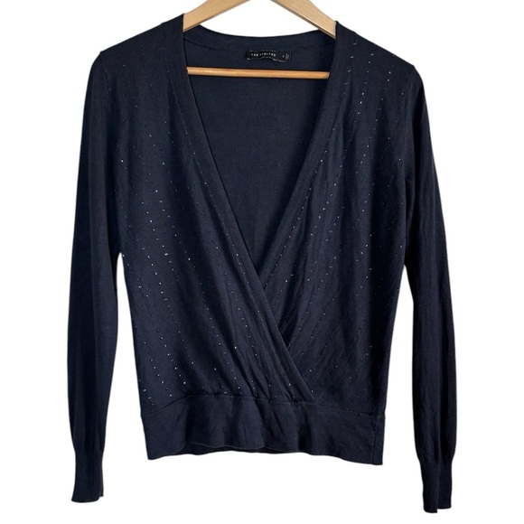 The Limited Y2K Sequin Sweater Top Small Navy Blue Deep V-Neck Silk Cashmere - Picture 1 of 8